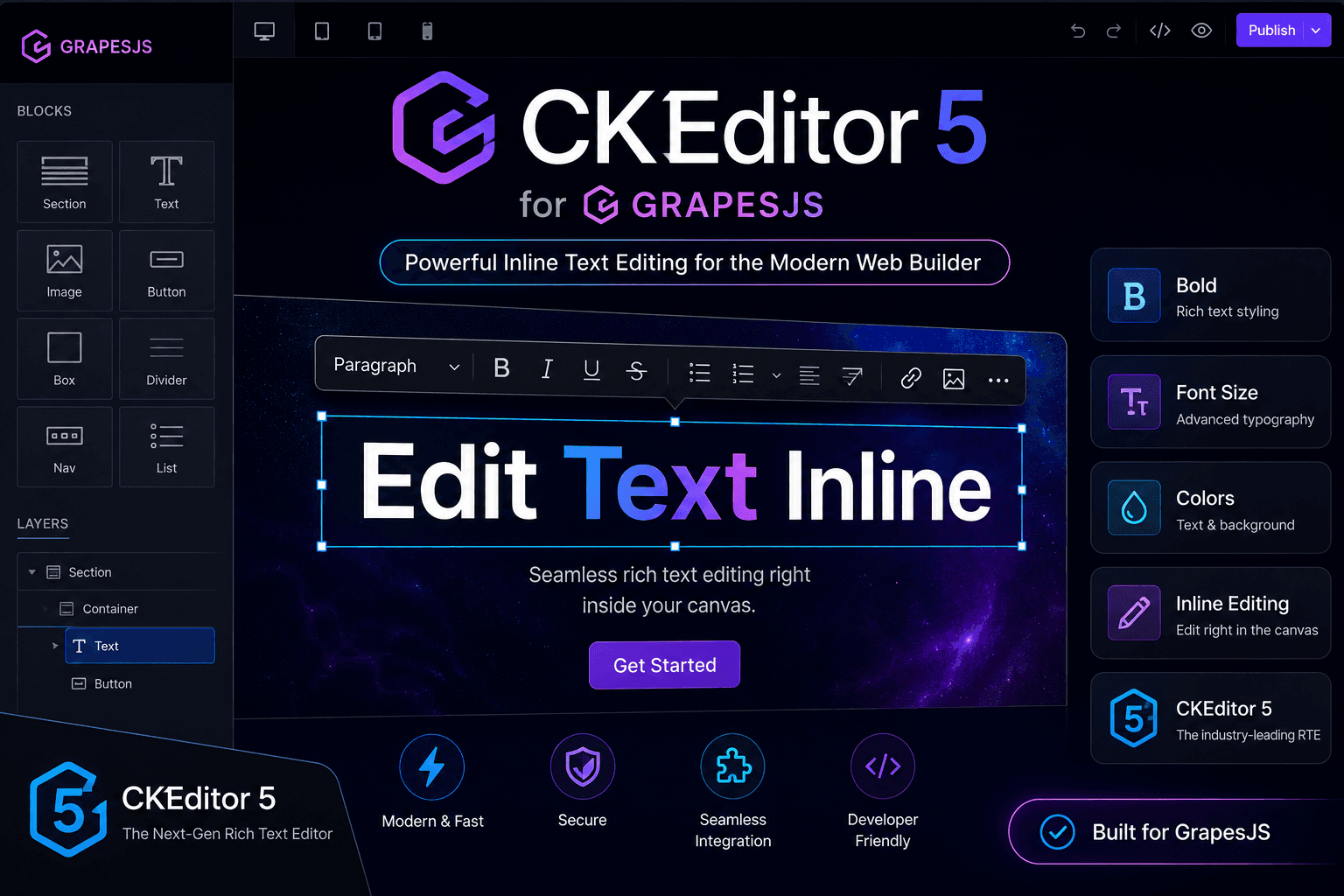 GrapesJS 内联文本编辑器 — 兼容 CKEditor 5