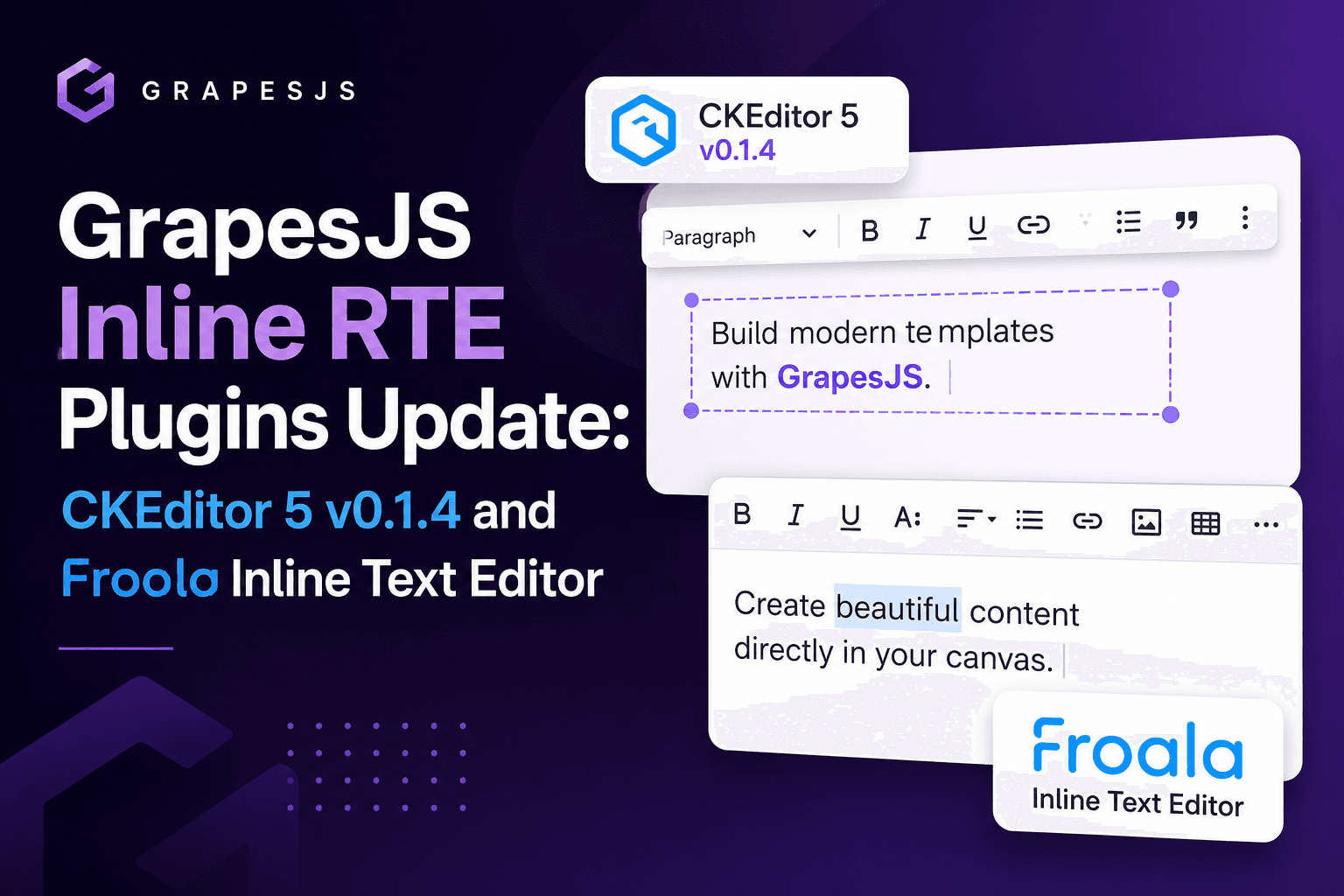 GrapesJS 内联 RTE 插件更新：CKEditor 5 v0.1.4 和 Froala 内联文本编辑器