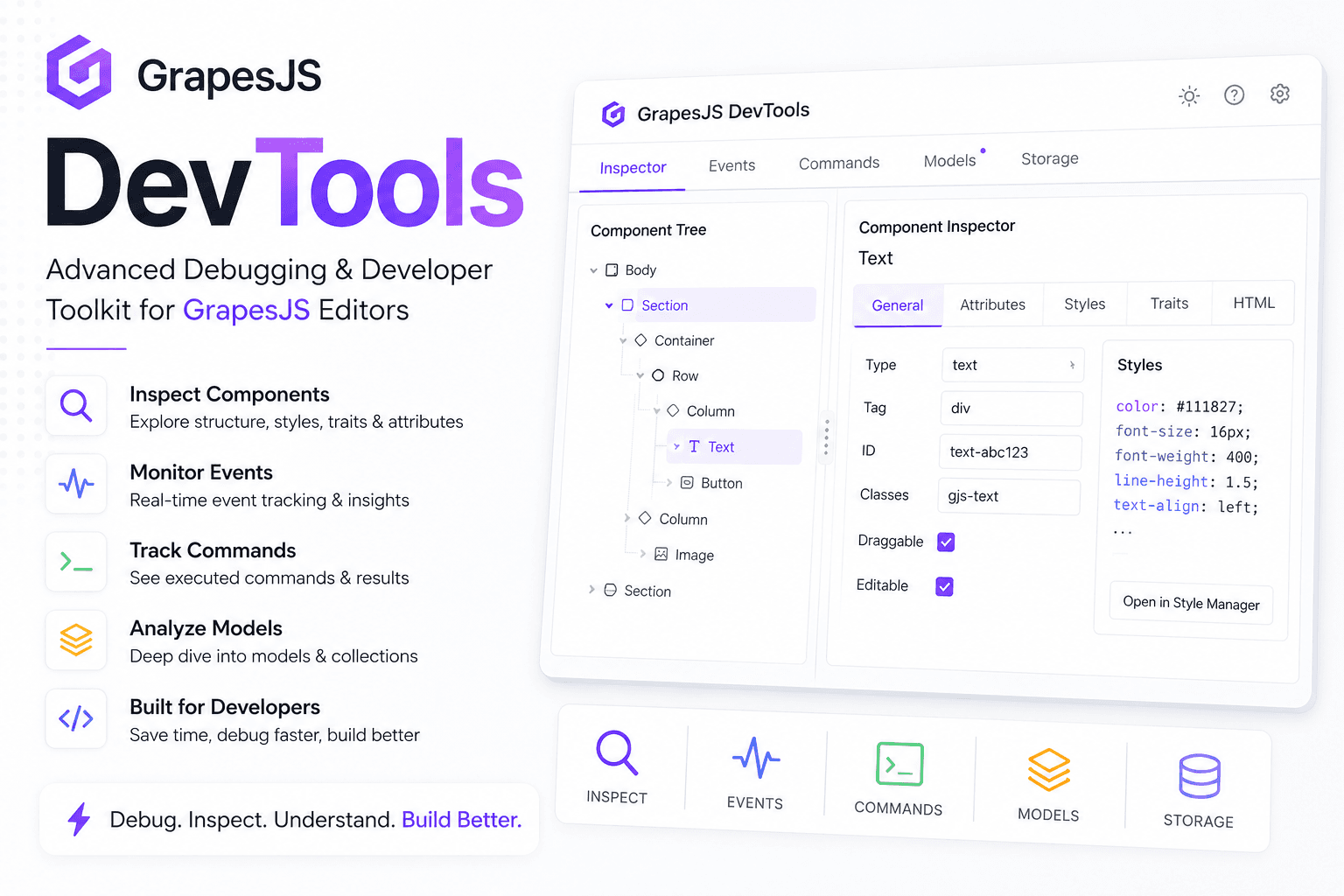 GrapesJS DevTools：编辑器内的开发者面板