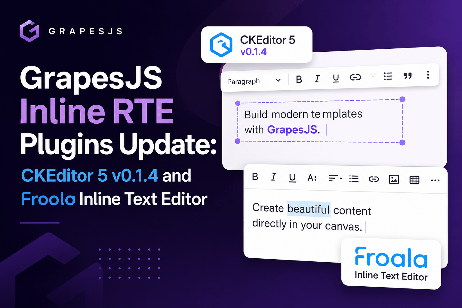 GrapesJS 内联 RTE 插件更新：CKEditor 5 v0.1.4 和 Froala 内联文本编辑器