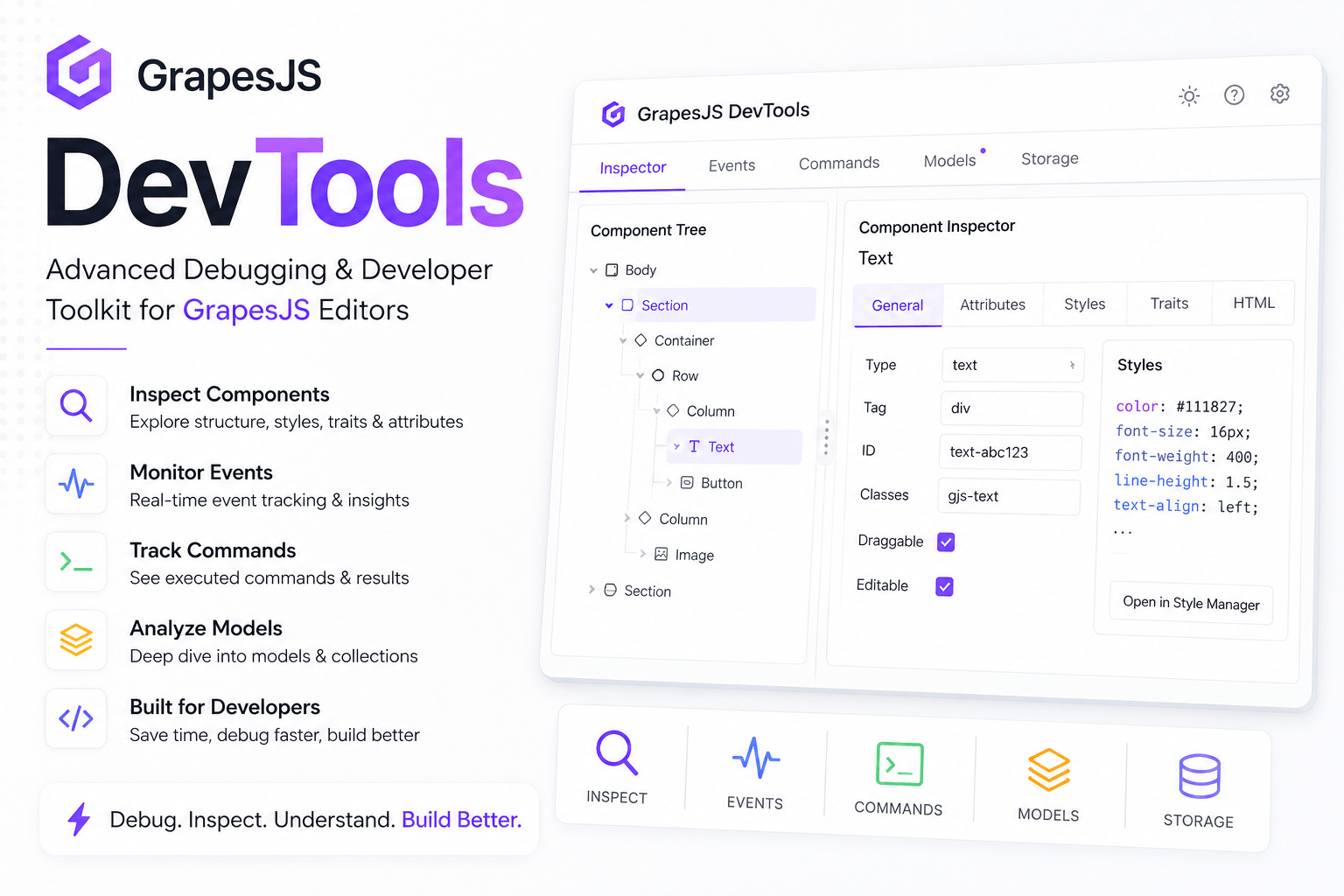 GrapesJS DevTools:编辑器内的开发者面板